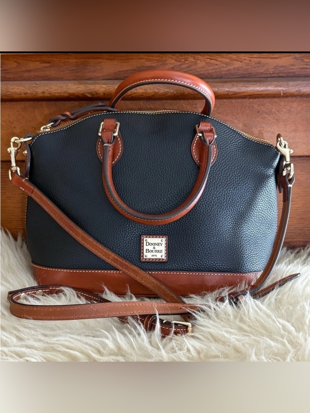 Dooney & Bourke Pebble Grain Leather Black and Tan Darcy Satchel with COA